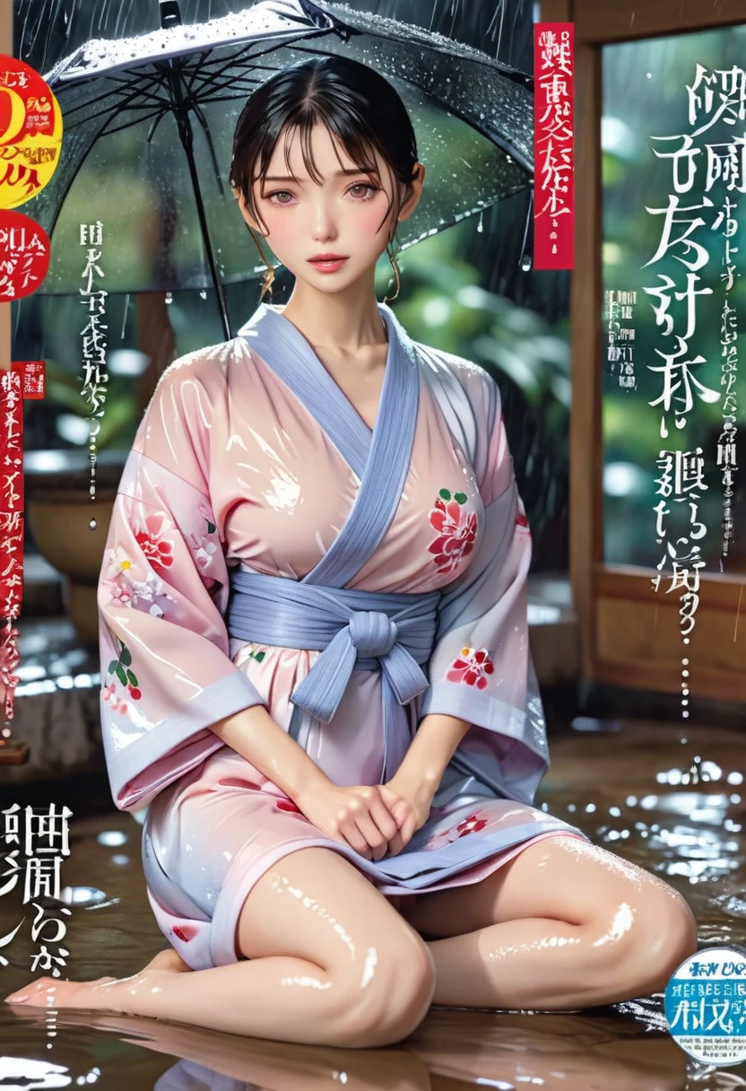 Magazine cover(masterpiece, best quality:1.2),woman,shy(((The eyes are delicate)))Wet body((Wet Kimono)),underwear,Wet floor,rain(8K)(HD)