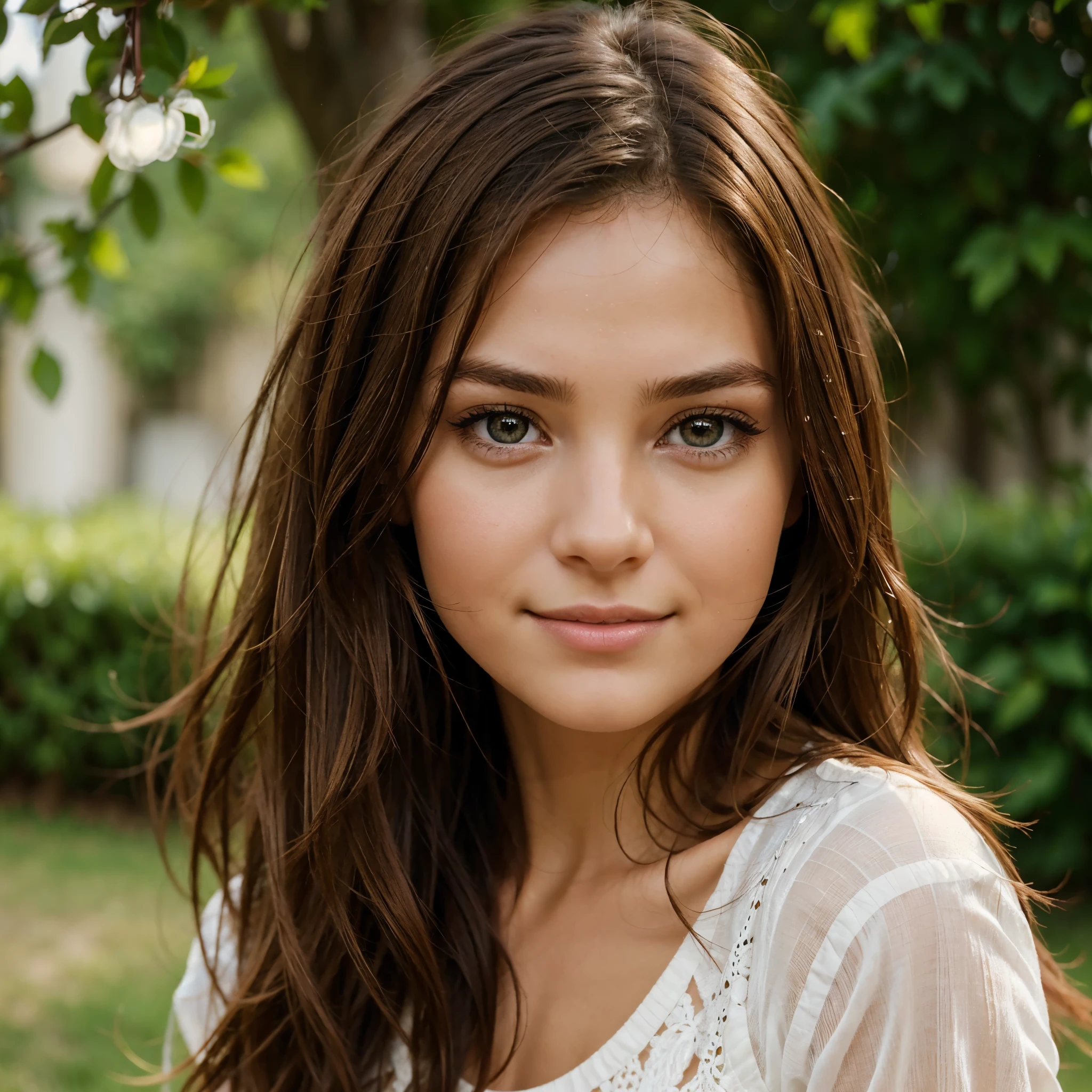 Create an image of a girl with beautiful brown hair, des yeux captivants et un visage attrayant. Les traits de son visage doivent être harmonieux, avec un sourire doux et charmant. Ses cheveux doivent être longs et brillants, encadrant délicatement son visage. Eyes should be expressive, preferably with a rich, deep color. L'ensemble de son apparence doit dégager une beauté naturelle et une aura de gentillesse