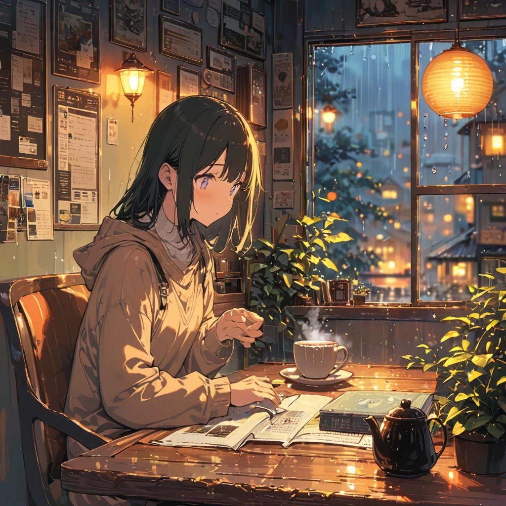 ((anime:1.4,illustration)),(masterpiece, top quality, best quality),(ultra-detailed, absolutely resolution),((16k, high res)), (((cozy cafe interior, rainy day, comfortable chair, book, soft, a large window with raindrops, a steaming cup of tea or coffee on a table, and warm ambient lighting for a serene atmosphere))), ((cozy lofi illustration:1.4)), ((anime:1.4, illustration)),(masterpiece, top quality, best quality),(ultra-detailed, absolutely resolution),((16k, high res)) BREAK {lofi art, style of Laurie Greasley, style of Makoto Shinkai, anime aesthetic}, BREAK { (produces images with information than 40 million pixels with cinematic-like detailed textures shot on a Sony SLR).}