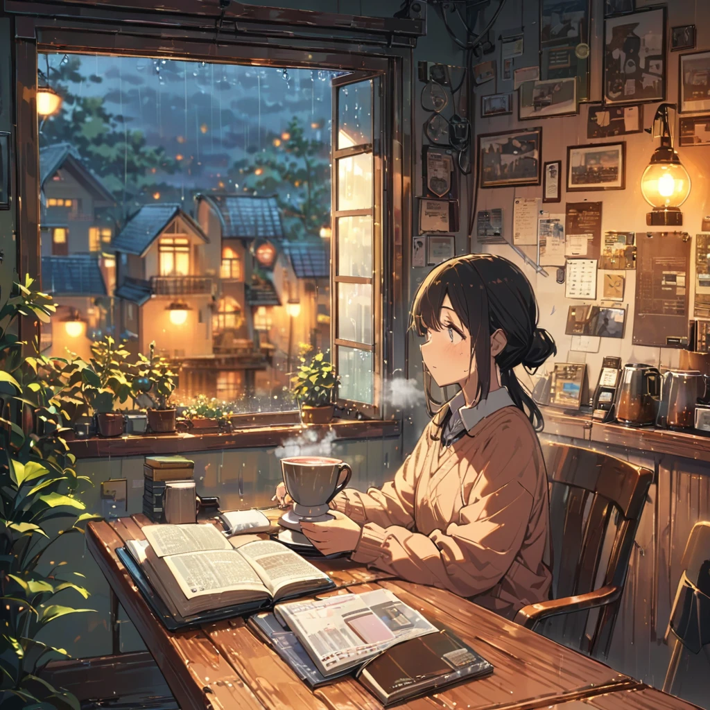 ((anime:1.4,illustration)),(masterpiece, top quality, best quality),(ultra-detailed, absolutely resolution),((16k, high res)), (((cozy cafe interior, rainy day, comfortable chair, book, soft, a large window with raindrops, a steaming cup of tea or coffee on a table, and warm ambient lighting for a serene atmosphere))), ((cozy lofi illustration:1.4)), ((anime:1.4, illustration)),(masterpiece, top quality, best quality),(ultra-detailed, absolutely resolution),((16k, high res)) BREAK {lofi art, style of Laurie Greasley, style of Makoto Shinkai, anime aesthetic}, BREAK { (produces images with information than 40 million pixels with cinematic-like detailed textures shot on a Sony SLR).}