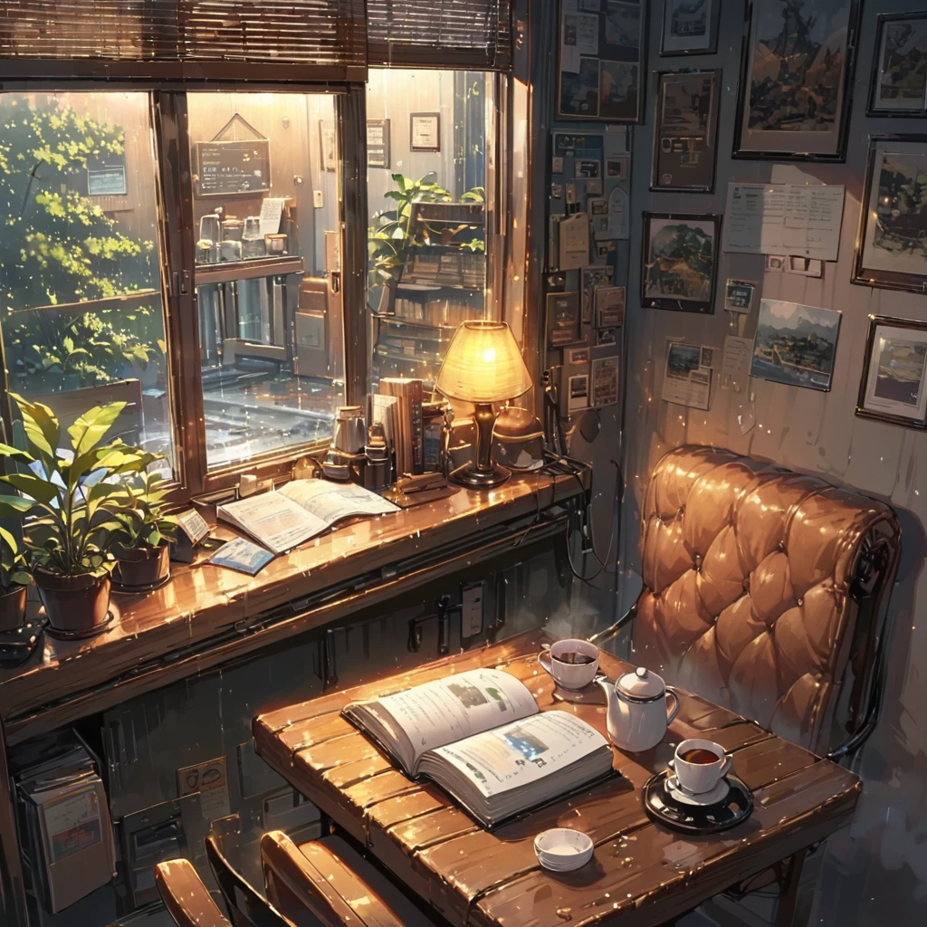 ((anime:1.4,illustration)),(masterpiece, top quality, best quality),(ultra-detailed, absolutely resolution),((16k, high res)), (((cozy cafe interior, rainy day, comfortable chair, book, soft, a large window with raindrops, a steaming cup of tea or coffee on a table, and warm ambient lighting for a serene atmosphere))), ((cozy lofi illustration:1.4)), ((anime:1.4, illustration)),(masterpiece, top quality, best quality),(ultra-detailed, absolutely resolution),((16k, high res)) BREAK {lofi art, style of Laurie Greasley, style of Makoto Shinkai, anime aesthetic}, BREAK { (produces images with information than 40 million pixels with cinematic-like detailed textures shot on a Sony SLR).}