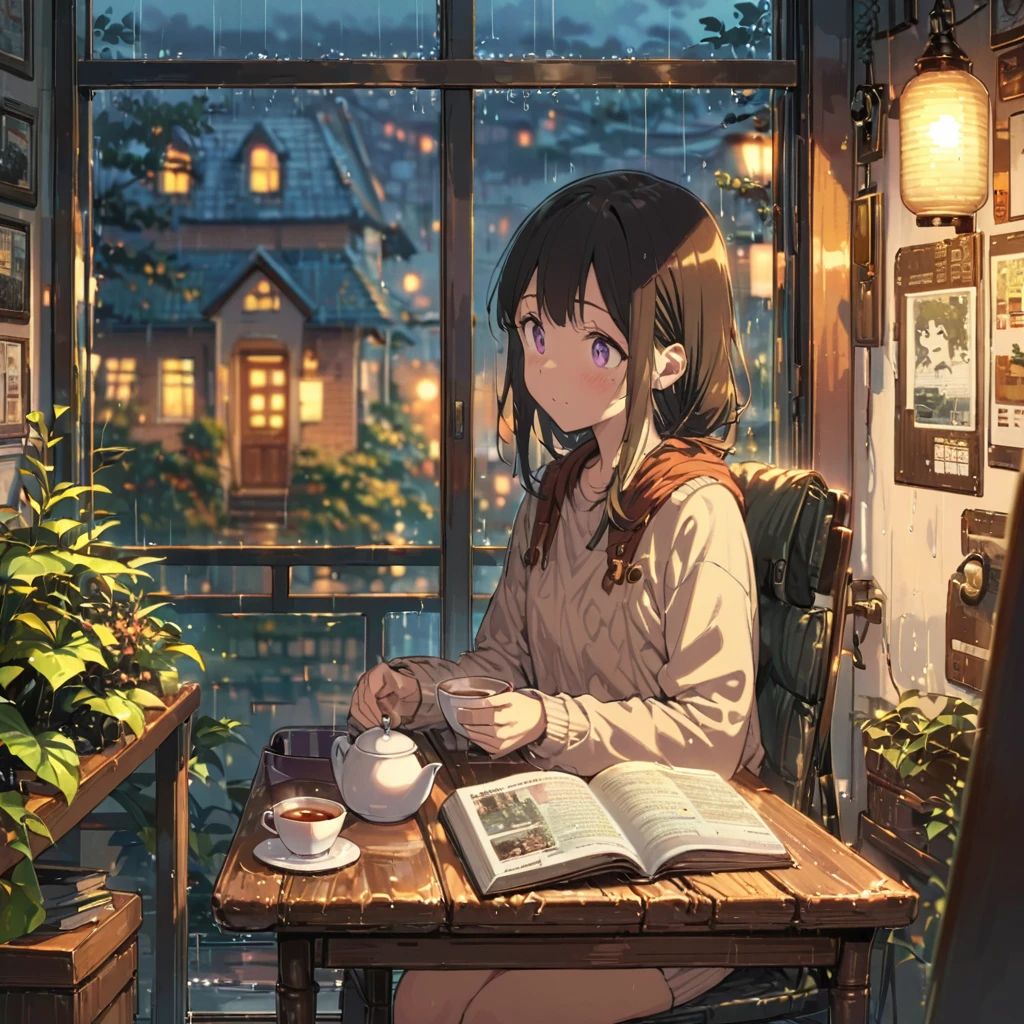 ((anime:1.4,illustration)),(masterpiece, top quality, best quality),(ultra-detailed, absolutely resolution),((16k, high res)), (((cozy cafe interior, rainy day, comfortable chair, book, soft, a large window with raindrops, a steaming cup of tea or coffee on a table, and warm ambient lighting for a serene atmosphere))), ((cozy lofi illustration:1.4)), ((anime:1.4, illustration)),(masterpiece, top quality, best quality),(ultra-detailed, absolutely resolution),((16k, high res)) BREAK {lofi art, style of Laurie Greasley, style of Makoto Shinkai, anime aesthetic}, BREAK { (produces images with information than 40 million pixels with cinematic-like detailed textures shot on a Sony SLR).}