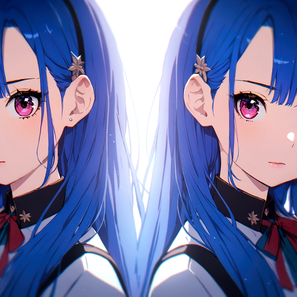 High quality, hd, 4k, 2girls, beautiful girls, twins, long hair, red and blue hair, red and blue eys