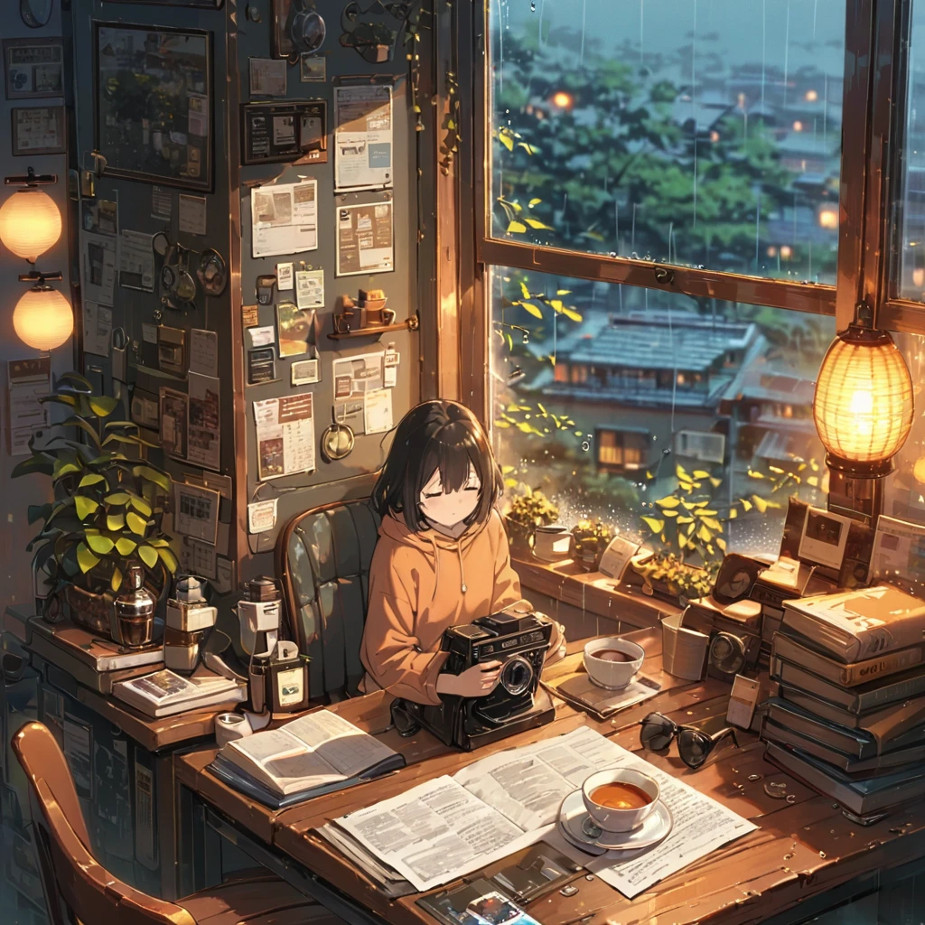 ((anime:1.4,illustration)),(masterpiece, top quality, best quality),(ultra-detailed, absolutely resolution),((16k, high res)), (((cozy cafe interior, rainy day, comfortable chair, book, soft, a large window with raindrops, a steaming cup of tea or coffee on a table, and warm ambient lighting for a serene atmosphere))), ((cozy lofi illustration:1.4)), ((anime:1.4, illustration)),(masterpiece, top quality, best quality),(ultra-detailed, absolutely resolution),((16k, high res)) BREAK {lofi art, style of Laurie Greasley, style of Makoto Shinkai, anime aesthetic}, BREAK { (produces images with information than 40 million pixels with cinematic-like detailed textures shot on a Sony SLR).}