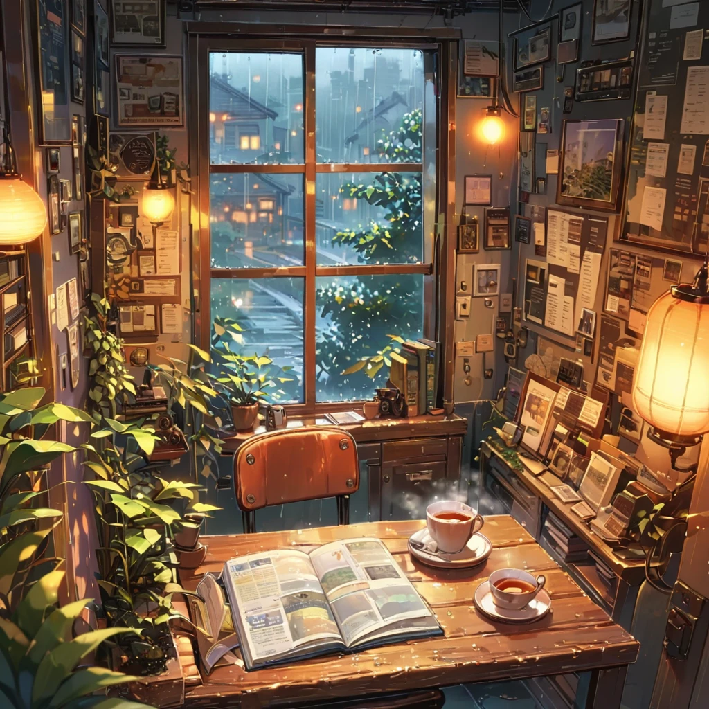 ((anime:1.4,illustration)),(masterpiece, top quality, best quality),(ultra-detailed, absolutely resolution),((16k, high res)), (((cozy cafe interior, rainy day, comfortable chair, book, soft, a large window with raindrops, a steaming cup of tea or coffee on a table, and warm ambient lighting for a serene atmosphere))), ((cozy lofi illustration:1.4)), ((anime:1.4, illustration)),(masterpiece, top quality, best quality),(ultra-detailed, absolutely resolution),((16k, high res)) BREAK {lofi art, style of Laurie Greasley, style of Makoto Shinkai, anime aesthetic}, BREAK { (produces images with information than 40 million pixels with cinematic-like detailed textures shot on a Sony SLR).}