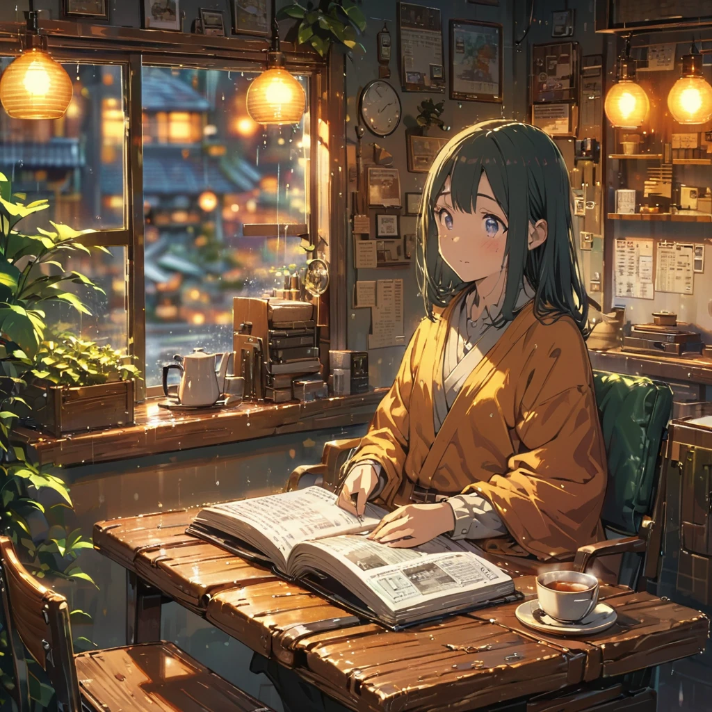 ((anime:1.4,illustration)),(masterpiece, top quality, best quality),(ultra-detailed, absolutely resolution),((16k, high res)), (((cozy cafe interior, rainy day, comfortable chair, book, soft, a large window with raindrops, a steaming cup of tea or coffee on a table, and warm ambient lighting for a serene atmosphere))), ((cozy lofi illustration:1.4)), ((anime:1.4, illustration)),(masterpiece, top quality, best quality),(ultra-detailed, absolutely resolution),((16k, high res)) BREAK {lofi art, style of Laurie Greasley, style of Makoto Shinkai, anime aesthetic}, BREAK { (produces images with information than 40 million pixels with cinematic-like detailed textures shot on a Sony SLR).}