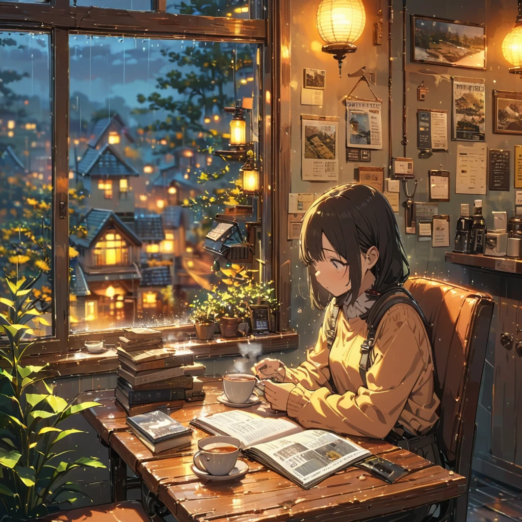 ((anime:1.4,illustration)),(masterpiece, top quality, best quality),(ultra-detailed, absolutely resolution),((16k, high res)), (((cozy cafe interior, rainy day, comfortable chair, book, soft, a large window with raindrops, a steaming cup of tea or coffee on a table, and warm ambient lighting for a serene atmosphere))), ((cozy lofi illustration:1.4)), ((anime:1.4, illustration)),(masterpiece, top quality, best quality),(ultra-detailed, absolutely resolution),((16k, high res)) BREAK {lofi art, style of Laurie Greasley, style of Makoto Shinkai, anime aesthetic}, BREAK { (produces images with information than 40 million pixels with cinematic-like detailed textures shot on a Sony SLR).}