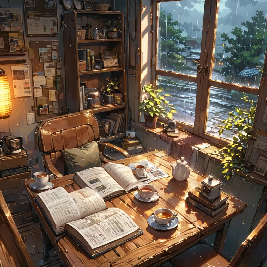 ((anime:1.4,illustration)),(masterpiece, top quality, best quality),(ultra-detailed, absolutely resolution),((16k, high res)), (((cozy cafe interior, rainy day, comfortable chair, book, soft, a large window with raindrops, a steaming cup of tea or coffee on a table, and warm ambient lighting for a serene atmosphere))), ((cozy lofi illustration:1.4)), ((anime:1.4, illustration)),(masterpiece, top quality, best quality),(ultra-detailed, absolutely resolution),((16k, high res)) BREAK {lofi art, style of Laurie Greasley, style of Makoto Shinkai, anime aesthetic}, BREAK { (produces images with information than 40 million pixels with cinematic-like detailed textures shot on a Sony SLR).}