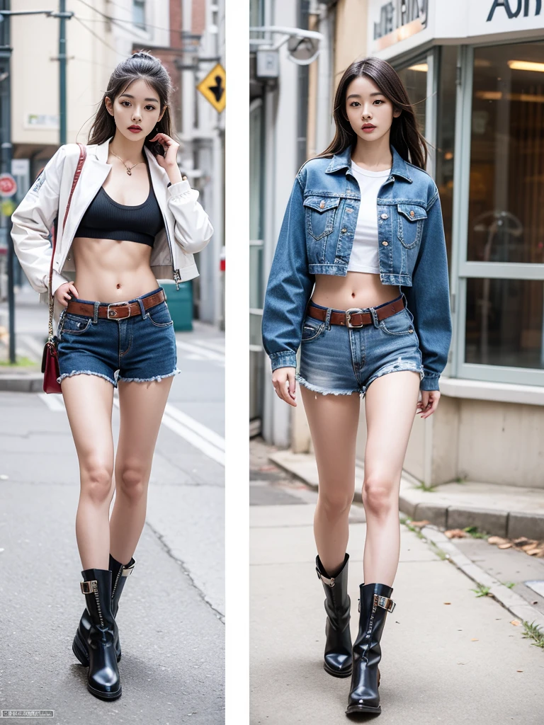 masterpiece,highest quality,High resolution,Full Body View,White jacket,Red innerwear,Belly button,Belted denim mini shorts,The heroine in white cowboy boots,Perfect Legs,Perfect Skin,Perfect Arms,Abdominal muscles,The background is an abandoned factory