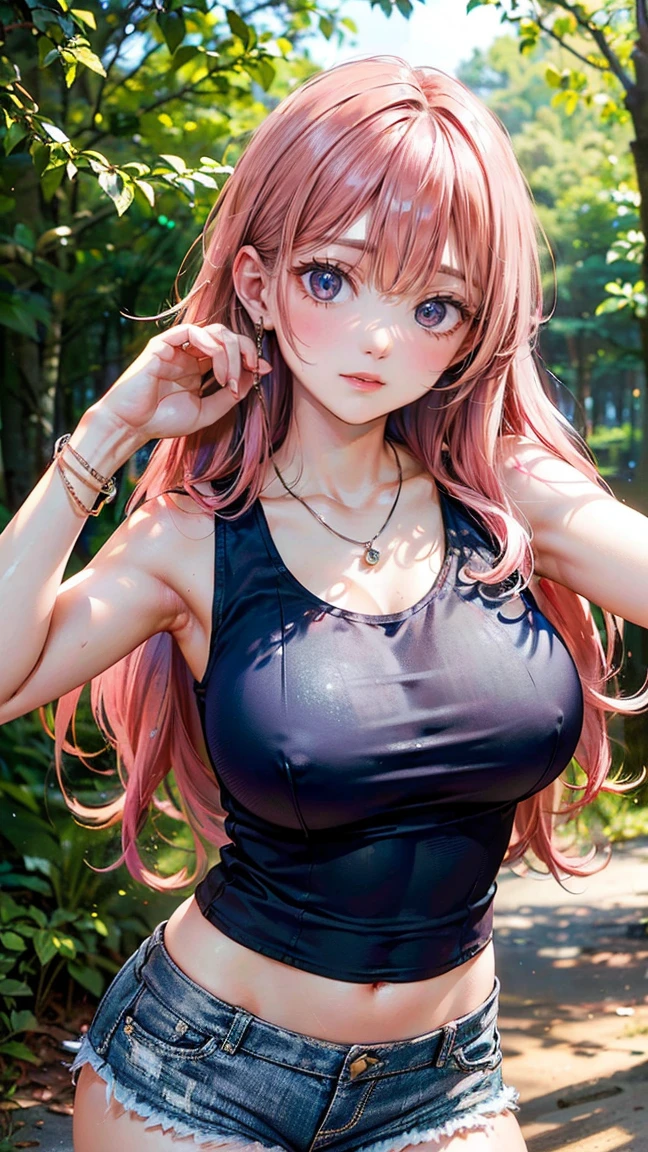 (Masterpiece, BestQuality:1.3), (ultra detailed:1.2), (hyperrealistic:1.3), (RAW photo:1.2), High detail RAW color photo, professional photograph, (Photorealistic:1.4), (realistic:1.4), professional lighting, perfect anatomy, (:1.2), (blush, detailed face), (cheerful Smile:1.5), Trending Hair&Trending Hairカラーをランダムに, earrings, necklace, bracelet, sexy, erotiexy, Rsexy grre poses, (Beiful woman wearing a blue tank top and shorts。The background is the forest。A refreshing smile on your face。Her hair is long and straight, with pink hair.。The pose is leaning against a tree.。:1.3)