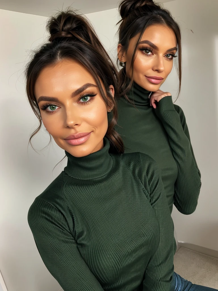photo of a skinny very old wrinkly-faced faced mature brunette prostitute with fake eyelashes and plump-enhanced lips, messy long hair thrown into a messy bun ponytail. She wears: (turtleneck soft high ribbed bright green super tight sweater:1.1), submissive seductive pose, high tight ribbed neck, seductive smile, perfect fake tits, horny eager granny