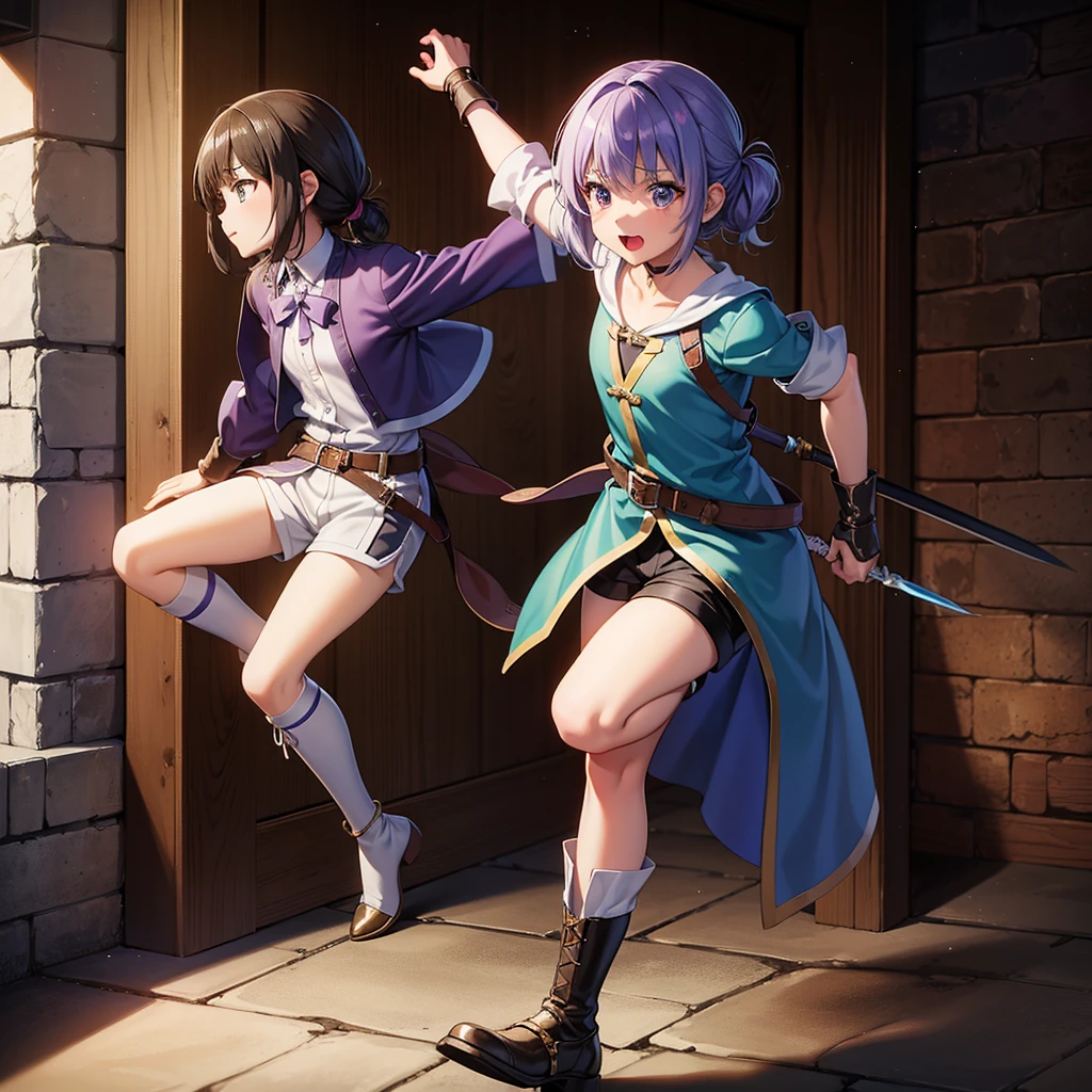 最high quality、high quality、Robe、10Year-old girl adventurer、Climb the dungeon stairs、Shorts and spats、Equipped with a dagger and a leather shield、Inside the dim labyrinth