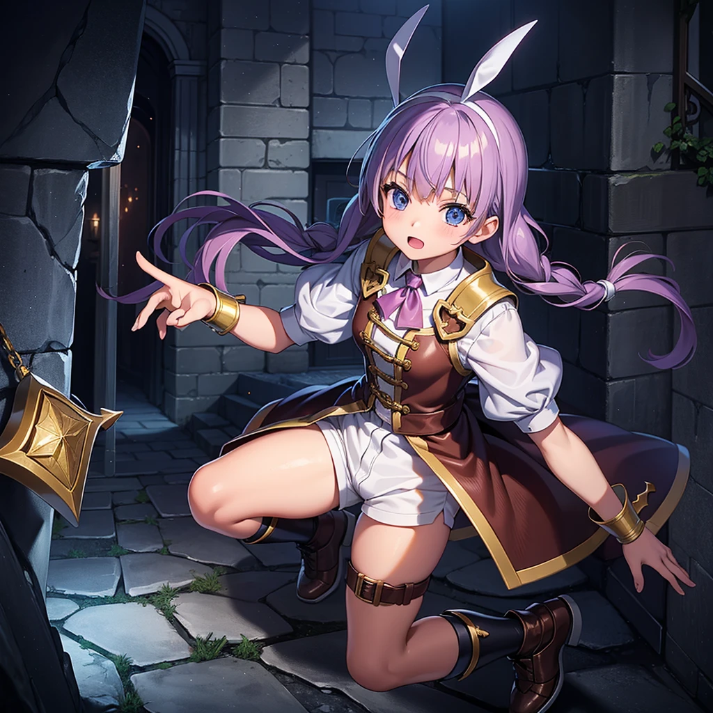 最high quality、high quality、Robe、１０Year-old girl adventurer、Climb the dungeon stairs、Shorts and spats、Equipped with a dagger and a leather shield、Inside the dim labyrinth