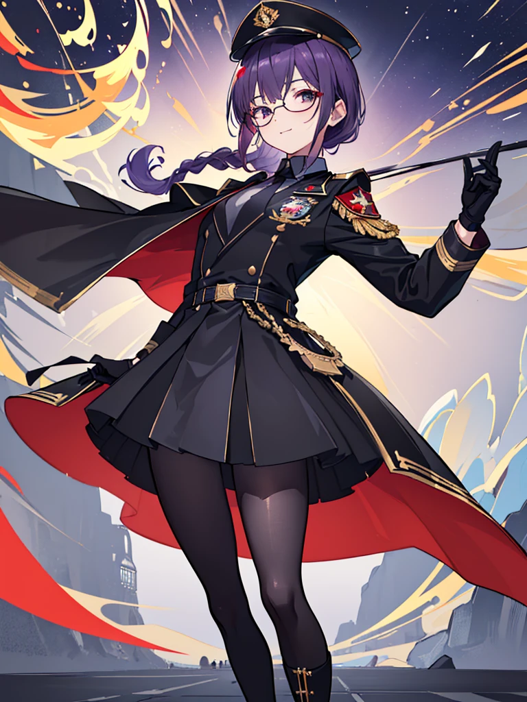realista, cidade deserta, Pilha de escombros, Brick building, uma mulher (18 anos de idade, longo preto hair, longo slits, olhos vermelhos, Olhos brilhantes, rosto delicado, standing (In floor, feet shoulder-width apart), Uniforme militar estilo Lolita (preto base, Red Insert, golden decoration, babados, Mangas largas, dainty and detalhe delicadoing armaduras), preto longo gloves (preto, Red Insert, golden decoration, small hands, armaduras), preto longo gloves, knee high boots (preto, salto alto, solas vermelhas), tem (preto, aba dourada, emblema do escudo, detalhe delicados), arms in front, Frente da barriga, Holding military swords with both hands (preto, golden decoration, detalhe delicado, Handle at the top, Ground-facing blade, na frente do corpo, longo), night sky (preto, estrelas, Increased flames and smoke), Pale painting style, One Girl, super high quality, Super Detail, Super Detailed image, long hair, looking at viewer, skirt, shirt, hair ornament, violet eyes, gloves, round glasses, long sleeves, hat, closed mouth, jacket, violet hair, braid, open clothes, necktie, black gloves, black skirt, uniform, single braid, open jacket, black jacket, black headwear, armband, peaked cap, black necktie, cropped jacket, military hat, pantyhose, Flat Chest, smile, Black Cape