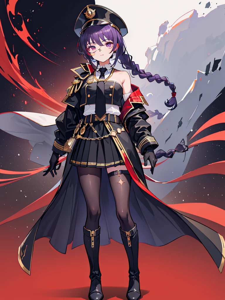 realista, cidade deserta, Pilha de escombros, Brick building, uma mulher (18 anos de idade, longo preto hair, longo slits, olhos vermelhos, Olhos brilhantes, rosto delicado, standing (In floor, feet shoulder-width apart), Uniforme militar estilo Lolita (preto base, Red Insert, golden decoration, babados, Mangas largas, dainty and detalhe delicadoing armaduras), preto longo gloves (preto, Red Insert, golden decoration, small hands, armaduras), preto longo gloves, knee high boots (preto, salto alto, solas vermelhas), tem (preto, aba dourada, emblema do escudo, detalhe delicados), arms in front, Frente da barriga, Holding military swords with both hands (preto, golden decoration, detalhe delicado, Handle at the top, Ground-facing blade, na frente do corpo, longo), night sky (preto, estrelas, Increased flames and smoke), Pale painting style, One Girl, super high quality, Super Detail, Super Detailed image, long hair, looking at viewer, skirt, shirt, hair ornament, violet eyes, gloves, round glasses, long sleeves, hat, closed mouth, jacket, violet hair, braid, open clothes, necktie, black gloves, black skirt, uniform, single braid, open jacket, black jacket, black headwear, armband, peaked cap, black necktie, cropped jacket, military hat, pantyhose, Flat Chest, smile, Black Cape