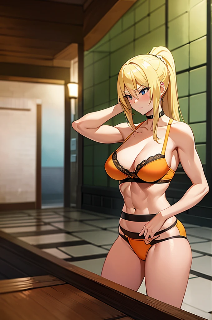 Lalatina Dustiness Ford, hot horny and sexy blonde muscle girl, athletic female body, yellow-orange bra and panties, stockings, choker, only one girl