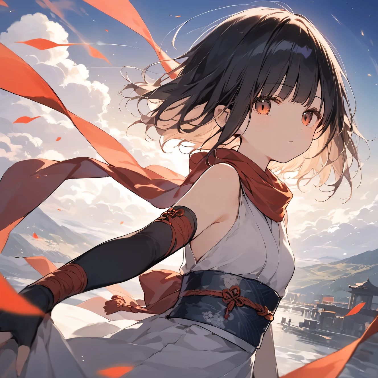 score_9, score_8_up, score_7_up, source_anime, best quality, masterpiece,ultra-detailed,official art, absurdres, highres, waifu2x, break,1girl, ninja girl, short hair, blunt bangs, small breasts,beautiful detailed eyes, expressionless, sleeveless,obi, scarf, night, wind, outdoors, break,(clear line illustration:1.2),very high resolution, very aesthetic, super detailed skin, Best cinematic lighting powered by famous artist, 8k,cool picture,beauty illustration,photoshop_(medium),,(Detailed Lighting),best anime 8k konachan wallpaper, pixiv contest winner,