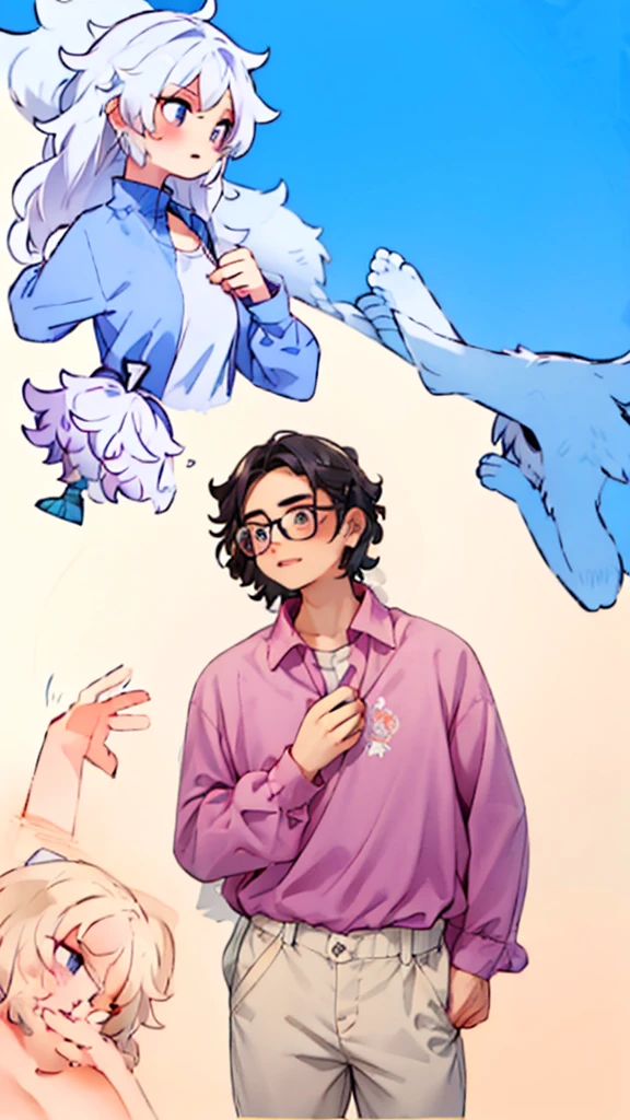 man, glasses, curly hair, purple shirt