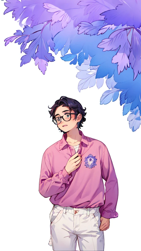 man, glasses, curly hair, purple shirt