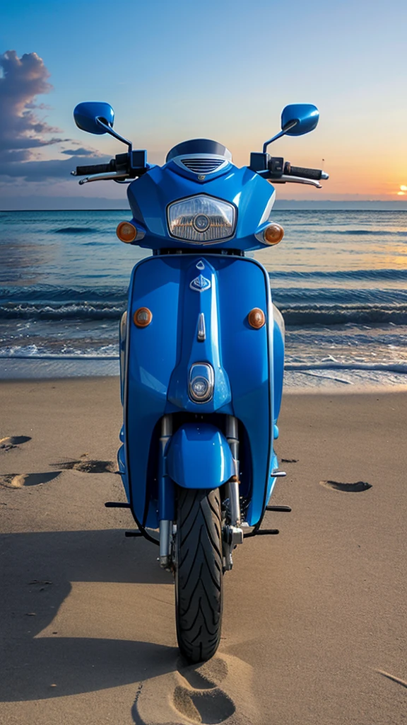 a blue scooty on a beach , evening view