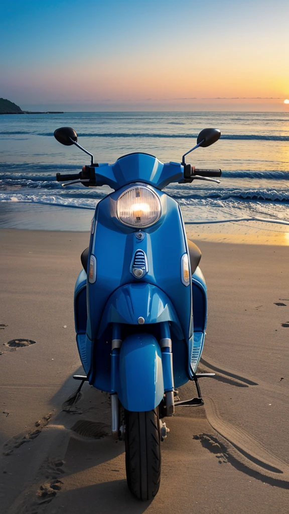 a blue scooty on a beach , evening view 