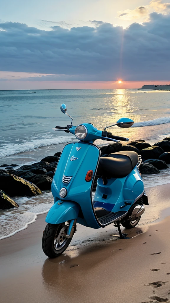 a blue scooty on a beach , evening view