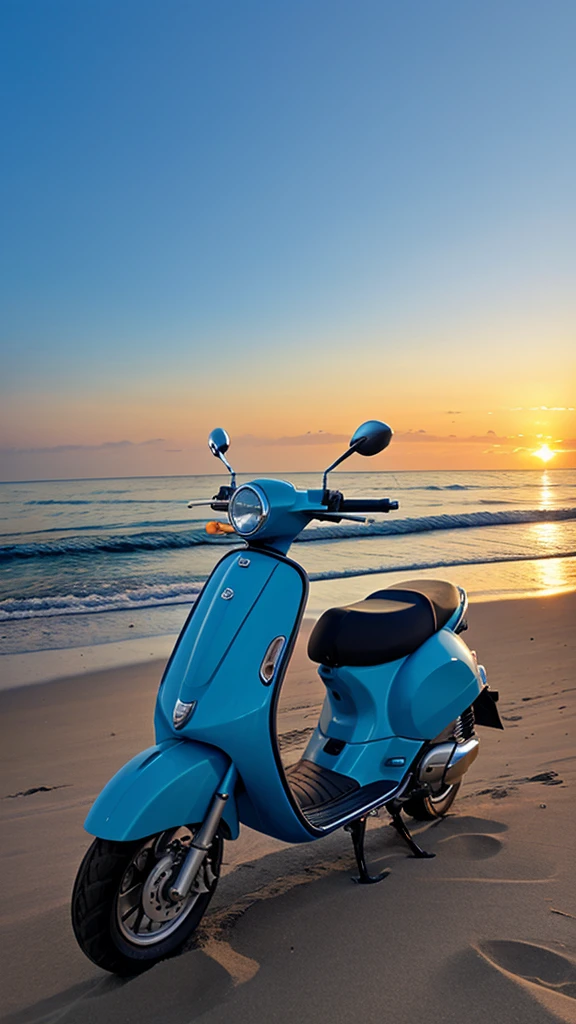 a blue scooty on a beach , evening view
