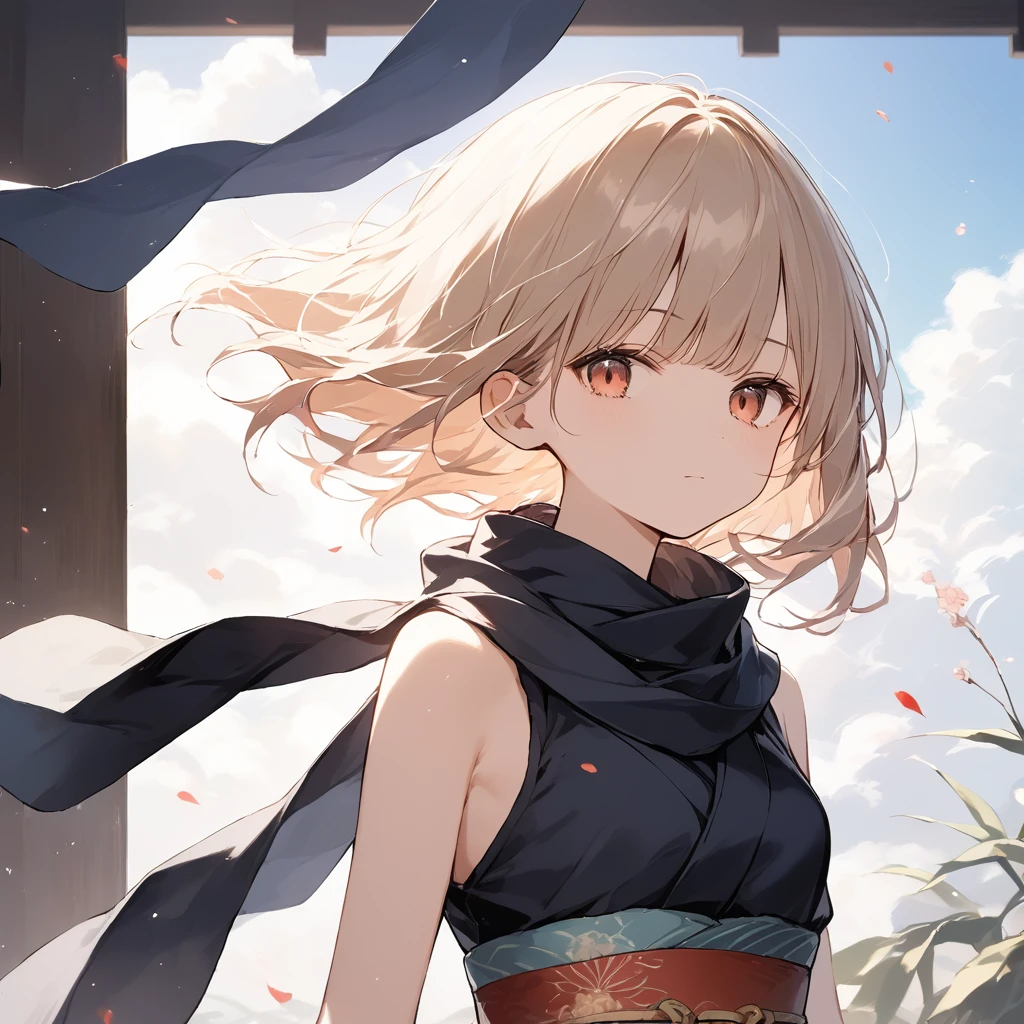 score_9, score_8_up, score_7_up, source_anime, best quality, masterpiece,ultra-detailed,official art, absurdres, highres, waifu2x, break,1girl, ninja girl, short hair, blunt bangs, small breasts,beautiful detailed eyes, expressionless, sleeveless,obi, scarf, night, wind, outdoors, break,(clear line illustration:1.2),very high resolution, very aesthetic, super detailed skin, Best cinematic lighting powered by famous artist, 8k,cool picture,beauty illustration,photoshop_(medium),,(Detailed Lighting),best anime 8k konachan wallpaper, pixiv contest winner,