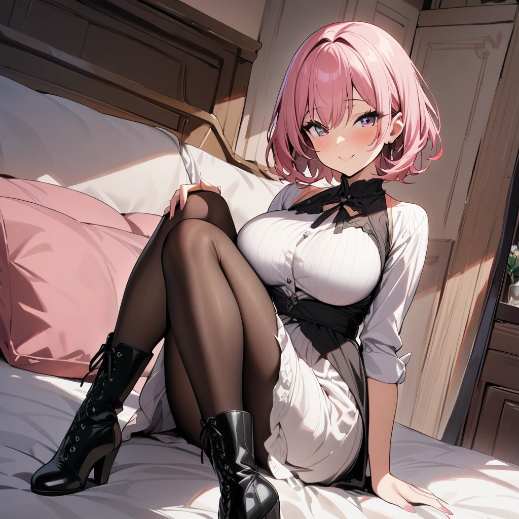 1girl, pink hair, short hair, large breasts, pantyhose, dress, smile, boots, looking at viewer, sitting, bed, masterpiece, best quality, highres, nice hands, perfect hands