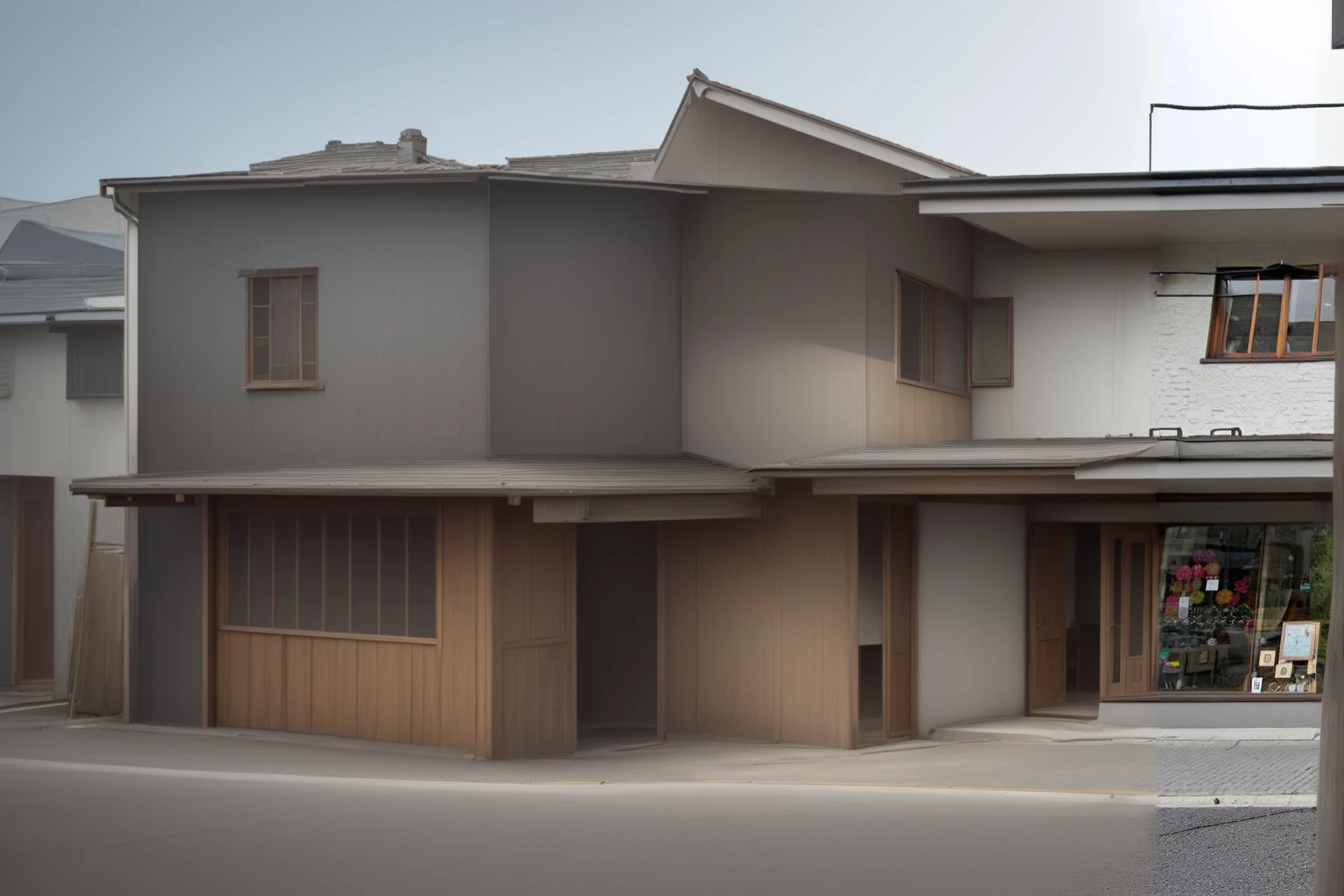 Miyazaki-style two-story building with rows of shop,there is a door on the second floor to come out.,