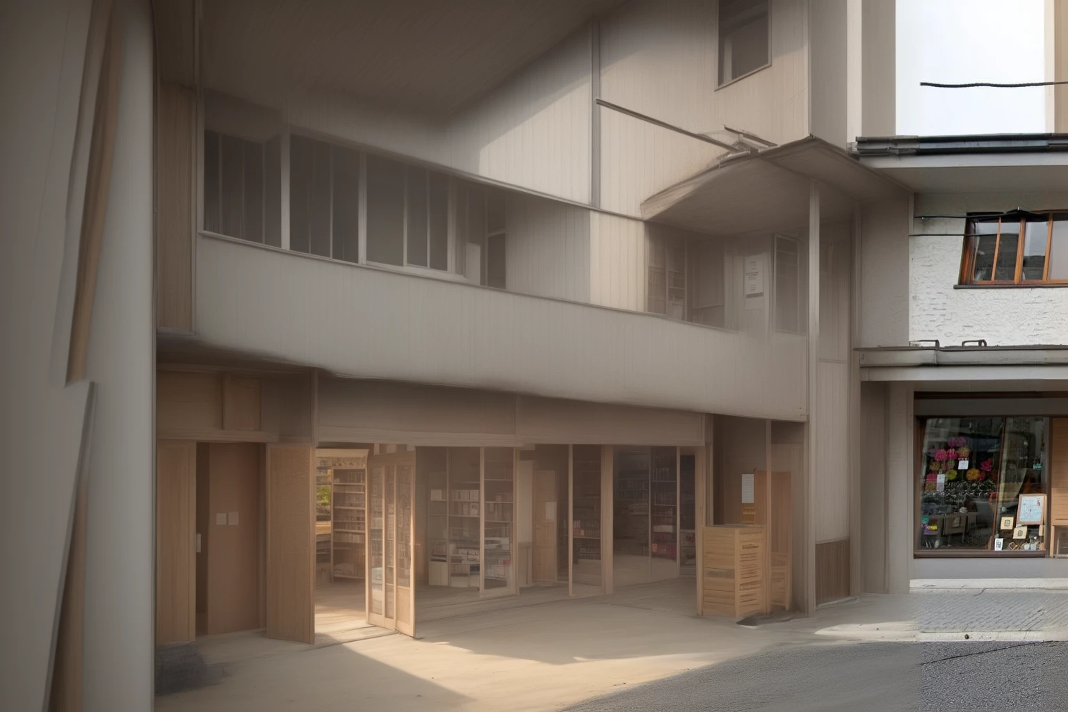 Miyazaki-style two-story building with rows of shop,there is a door on the second floor to come out.,