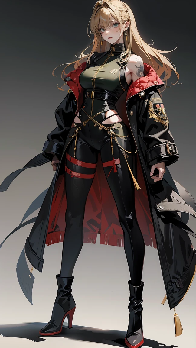 Highest quality、masterpiece、8k、Realistic、超High resolution、Very delicate and beautiful、High resolution、Muscle Girl、Perfect female body、Beautiful woman、Mature Woman、Blonde、Bright green eyes、Six Pack、One tattoo、Earrings、Toned body、big 、Black military uniform、Luxurious clothing、boots、cigarette、Wild Pose、Full body emphasis、Simple Background