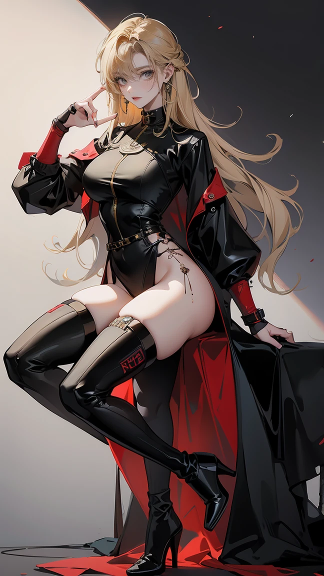 Highest quality、masterpiece、8k、Realistic、超High resolution、Very delicate and beautiful、High resolution、Muscle Girl、Perfect female body、Beautiful woman、Mature Woman、Blonde、Bright green eyes、Six Pack、One tattoo、Earrings、Toned body、big 、Black military uniform、Luxurious clothing、boots、cigarette、Wild Pose、Full body emphasis、Simple Background