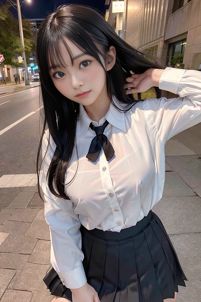 masterpiece, best quality, photorealistic, raw photo, DSLR, a 15-year-old beautiful Japanese girl, shiny fair skin, realistic beautiful no makeup face, realistic beautiful bright eyes, double eyelids, look at viewer, (highly detailed shiny black long hair and bangs), (disheveled hair blowing in the strong wind), slim figure, slim face, slim waist, big breasts, narrow thighs, ((school uniform, pleated skirt, street with strong wind, nighttime)), realistic lighting and shadows, highly delicate and beautiful photo, ultra high resolution, 8k UHD wallpaper,