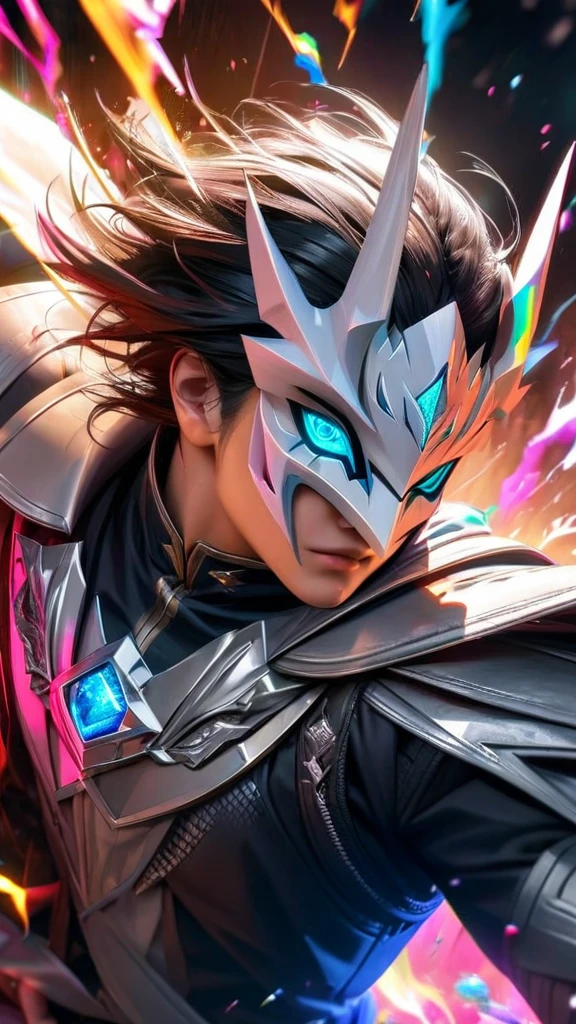 High quality, ultra realistic,absurdres, highres, ultra detailed, HDR, masterpiece, extremely detailed face and eyes,  white dragon knight, dragon knight mask,,colorful Black hair , , solo, ,man, handsome, , , Epic fight scene, colorful splashing effect,colorful lightning  effect,glowing glitters , 