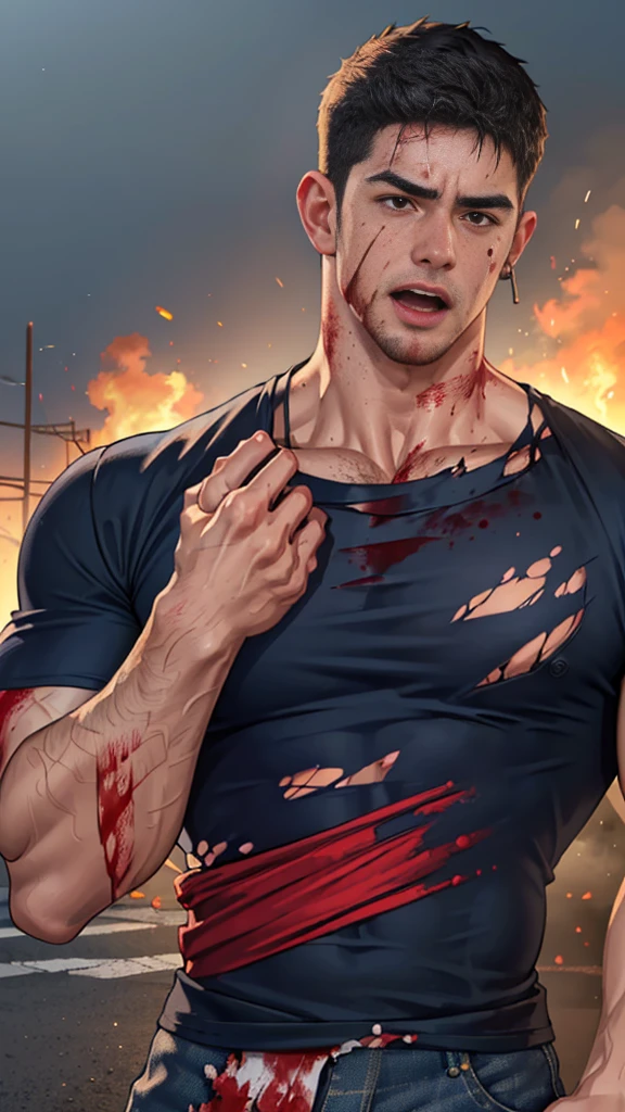 (Create a masterpiece: 1.2),(CGI art:1.3),(realistic:1.5),(After processing:1.3),(Sharp focus:1.3), (man Fight, join in battle:1.5 ),sunglass, straight, front ,Chris Redfield ,(black hair), smile open mouth, (Wear color navy round neck T-shirt: 1.5), (with a Police badge: 1.2), navy cargo, (Torn shirt:1.6), (wound: 1.3) , (blood splatters) ,( abrasions on face: 1.5), (Blood stains on the face and body: 1.4), Korean guy , korean men, (High gloss details), chest muscles, large arm muscles, blood vessel, Big muscles, Broad shoulders, looking at the audience, Balancing the eyes, middle of the road,(Fire blazes behind) ,(open mouth:1.6) 