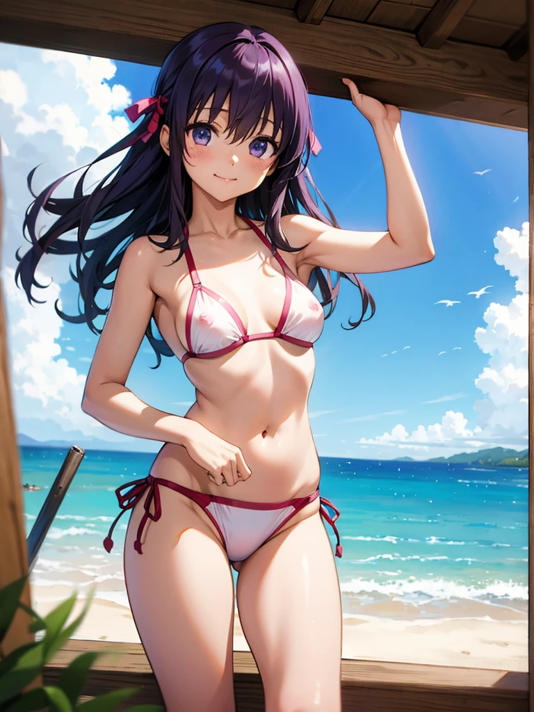 masterpiece, best quality, SakuraMatou, long hair, hair ribbon, solo, , (petite),
smile, standing, bare medium breasts, (SakuraBikini lift), nipples show off, beach,