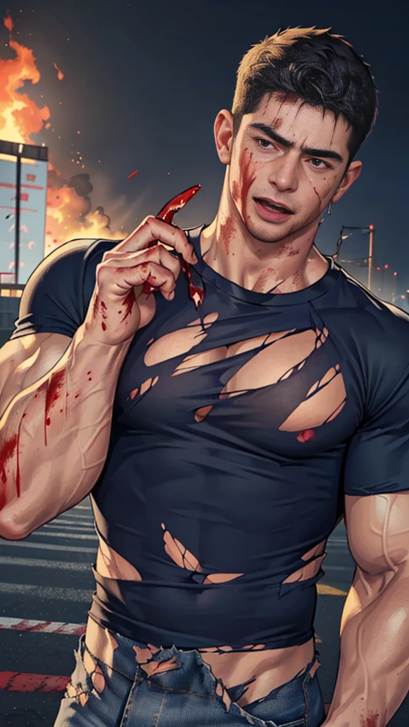 (Create a masterpiece: 1.2),(CGI art:1.3),(realistic:1.5),(After processing:1.3),(Sharp focus:1.3), (man Fight, join in battle:1.5 ),sunglass, straight, front ,Chris Redfield ,(black hair), smile open mouth, (Wear color navy round neck T-shirt: 1.5), (with a Police badge: 1.2), navy cargo, (Torn shirt:1.6), (wound: 1.3) , (blood splatters) ,( abrasions on face: 1.5), (Blood stains on the face and body: 1.4), Korean guy , korean men, (High gloss details), chest muscles, large arm muscles, blood vessel, Big muscles, Broad shoulders, looking at the audience, Balancing the eyes, middle of the road,(Fire blazes behind) ,(open mouth:1.6)