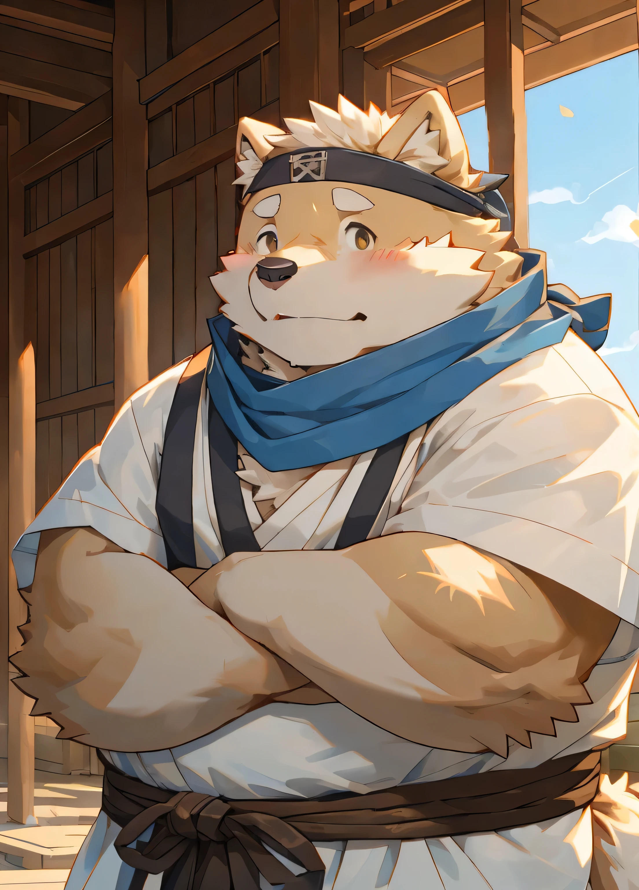 (masterpiece),(Very detailed),(best quality),hairy,Shiba Inu,fur,white hair,Gray pupil,Chubby,(Poor),(Japan samurai attire),((blue scarf)),((Brown headband)),(blush:1.1),((shy)),Nervous and shy expression,Temple Background,8K,(high quality),(Ultra high quality),(Super detailed),(Best Works)