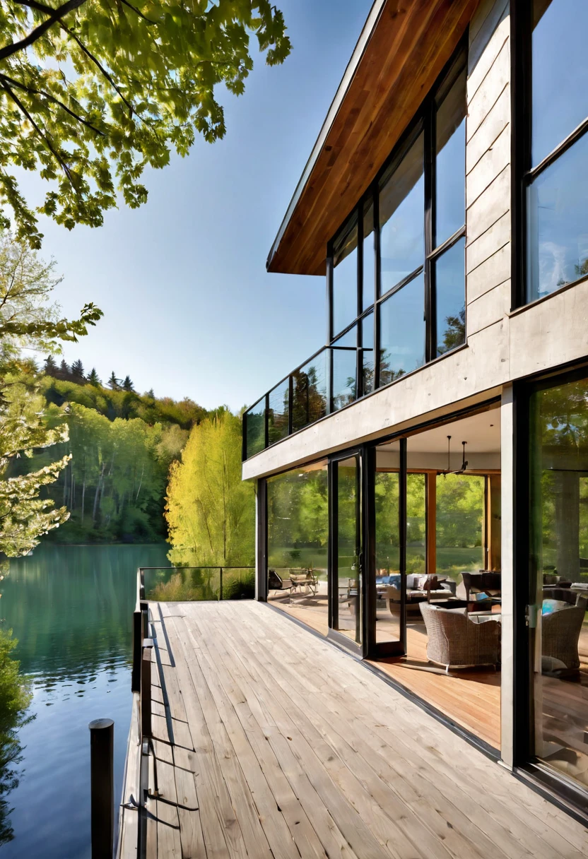 Imagine a contemporary home, where steel, wood and light gray concrete harmonize perfectly. Brise-brise style windows, allowing natural light to dance through the space while maintaining privacy. From the spacious deck, the view opens up to a large, serene lake, reflecting the blue sky and surrounding trees. It's a spring afternoon, the gentle breeze carries the scent of flowers and the peaceful sound of water. The space is welcoming and relaxing, ideal for enjoying a good book or a coffee, in complete harmony with nature.
