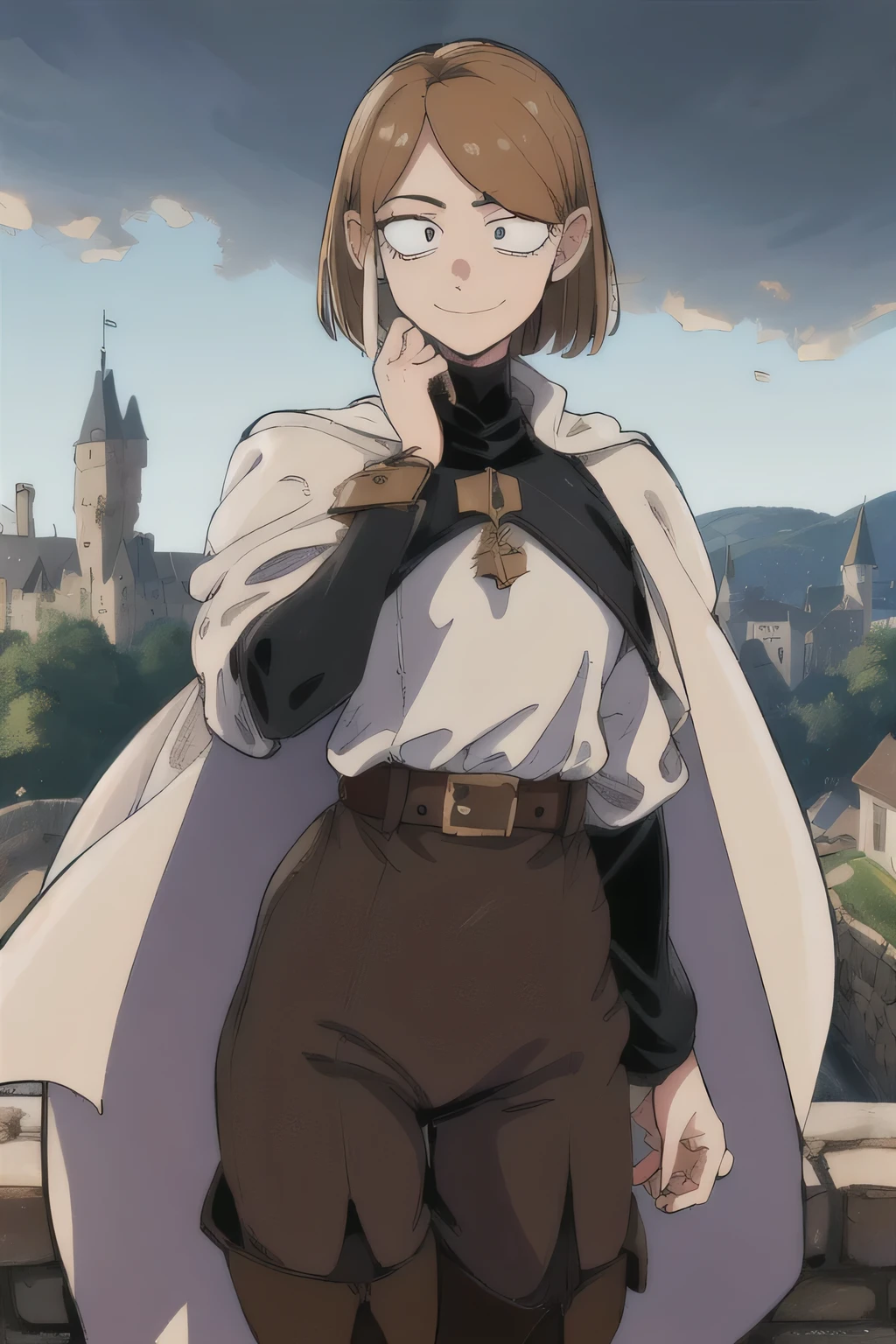 One, masterpiece, Best quality, (ultra detailed:1.2), complex part, realistic, 1 girl on the castle wall, medieval castle, On open air, dark lighting, (noon:1.2), (Her, bags_under_eyes:1.4), White shirt, black raincoat, brown trousers, thigh high boots, belt, little students, (eyebags:1.6), smile