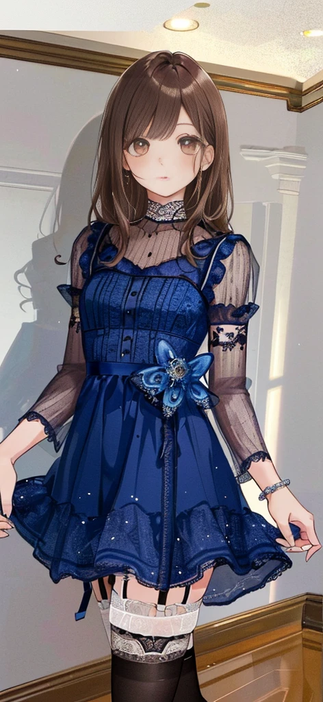 ((masterpiece)), ((best quality)), ((ultra detailed)), ((kawaii)), cute, (lovely), ((extremely detailed)), ((8K)), (beautiful), full body, luxury room, a cute girl, 1girl, solo, blue mini camisole dress,beautiful light brown hair, ((detailed beautiful brown eyes)), white-skinned, flat breast, tiny breast, garter belt,(garter stockings:1.4),pink eyeshadow