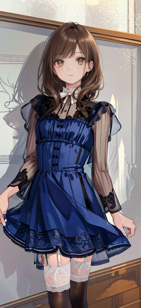 ((masterpiece)), ((best quality)), ((ultra detailed)), ((kawaii)), cute, (lovely), ((extremely detailed)), ((8K)), (beautiful), full body, luxury room, a cute girl, 1girl, solo, blue mini camisole dress,beautiful light brown hair, ((detailed beautiful brown eyes)), white-skinned, flat breast, tiny breast, garter belt,(garter stockings:1.4),pink eyeshadow