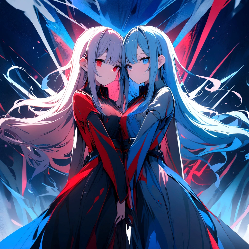 High quality, hd, 4k, 2girls, beautiful girls, twins, long hair, red and blue hair, red and blue eys