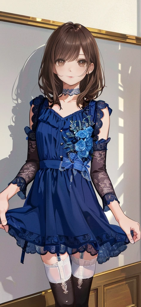 ((masterpiece)), ((best quality)), ((ultra detailed)), ((kawaii)), cute, (lovely), ((extremely detailed)), ((8K)), (beautiful), full body, luxury room, a cute girl, 1girl, solo, blue mini camisole dress,beautiful light brown hair, ((detailed beautiful brown eyes)), white-skinned, flat breast, tiny breast, garter belt,(garter stockings:1.4),pink eyeshadow