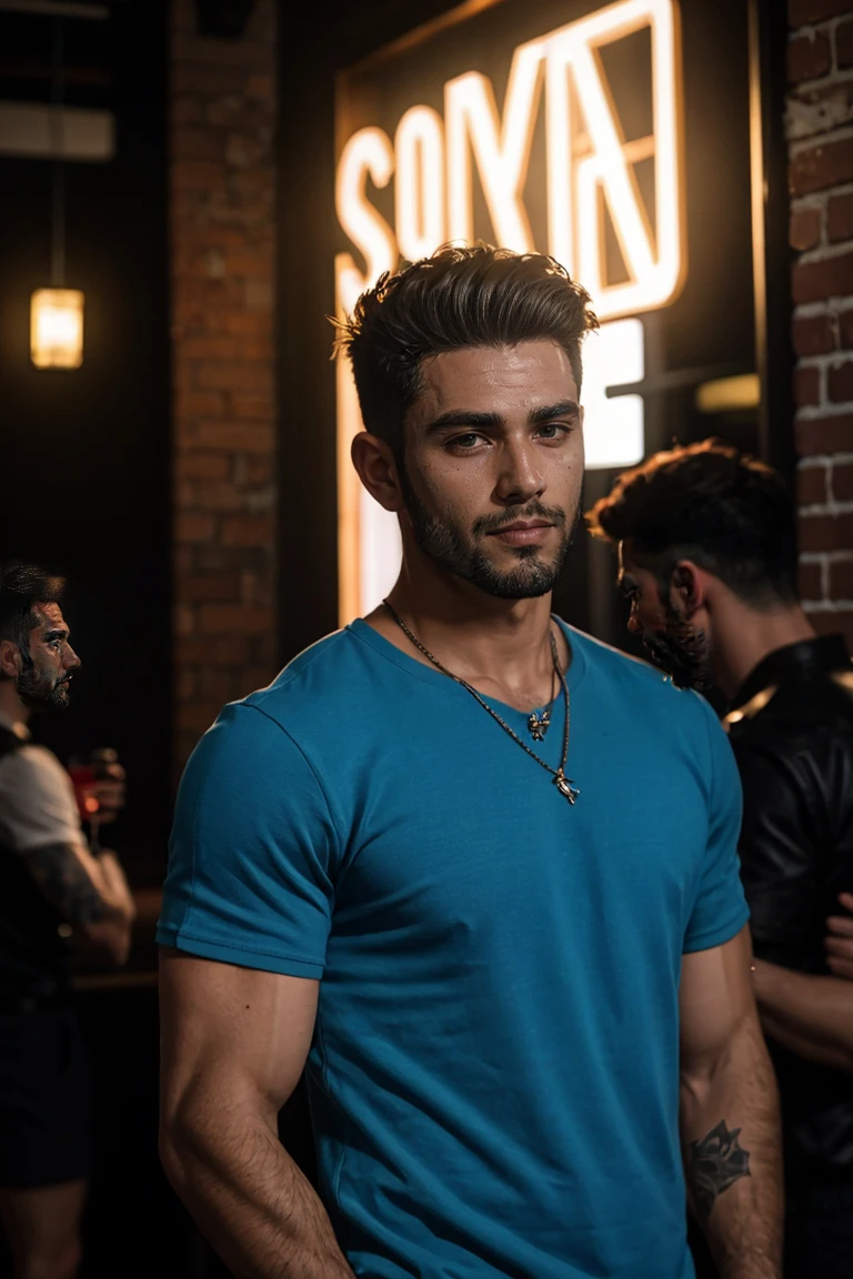 shot by Sony a7 IV Mirrorless Camera, shadowplay, gorgeous lighting, subtle hues, handsome men ,nightclub