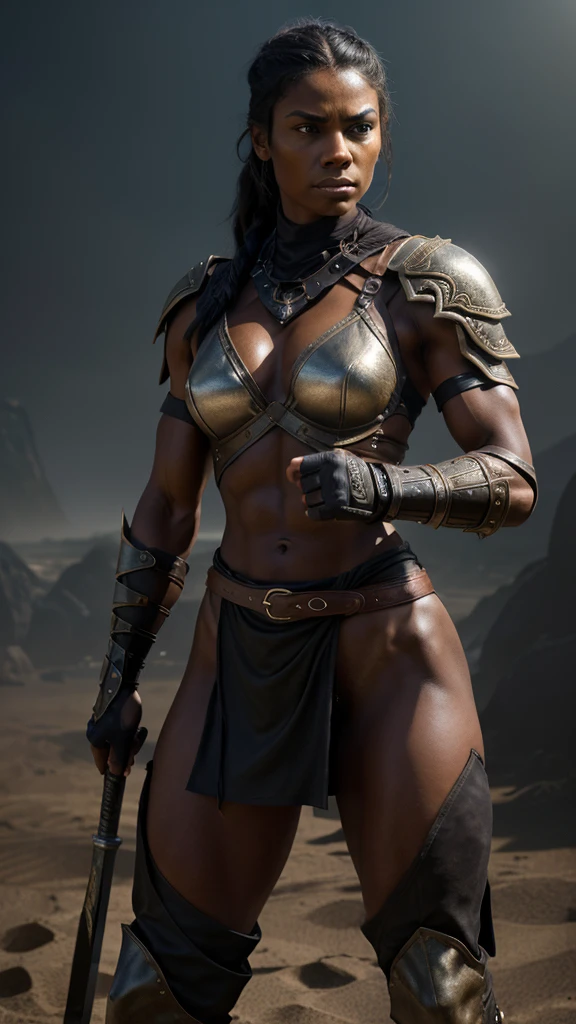 "photorealistic image of a powerful and fierce warrior woman standing in a dark, atmospheric setting, intense and determined expression, strong confrontational pose, wide stance, minimal yet striking armor, dark metallic material, angular shoulder armor with sharp edges, chest plate covering upper chest, ornate belt, minimal cloth around waist, intricate jagged patterns on forearm guards and leg armor, muscular and toned physique, well-defined muscles, dark skin tone, practical hairstyle pulled back tightly, holding a staff or club, dark indistinct background, sandy or dusty ground, dramatic high-contrast lighting, highlights on muscles and armor, shadows enhancing three-dimensionality, blend of realism with fantasy elements"