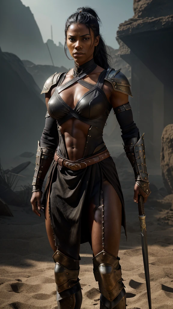 "photorealistic image of a powerful and fierce warrior woman standing in a dark, atmospheric setting, intense and determined expression, strong confrontational pose, wide stance, minimal yet striking armor, dark metallic material, angular shoulder armor with sharp edges, chest plate covering upper chest, ornate belt, minimal cloth around waist, intricate jagged patterns on forearm guards and leg armor, muscular and toned physique, well-defined muscles, dark skin tone, practical hairstyle pulled back tightly, holding a staff or club, dark indistinct background, sandy or dusty ground, dramatic high-contrast lighting, highlights on muscles and armor, shadows enhancing three-dimensionality, blend of realism with fantasy elements"
