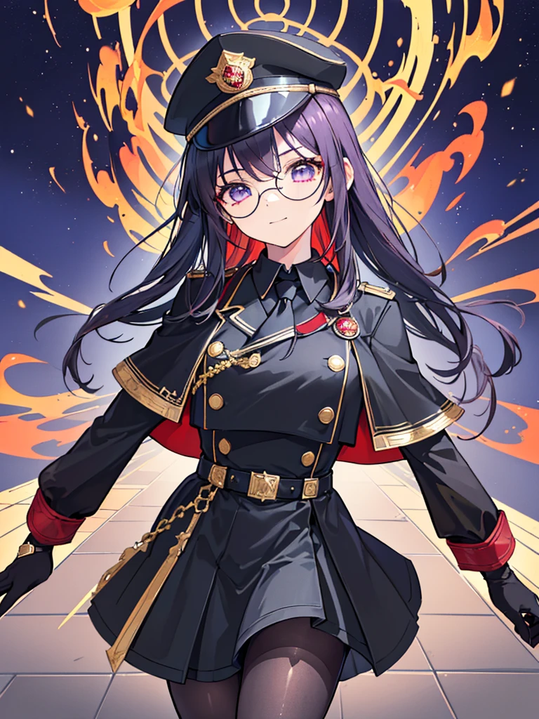 realista, cidade deserta, Pilha de escombros, Brick building, uma mulher (18 anos de idade, longo preto hair, longo slits, olhos vermelhos, Olhos brilhantes, rosto delicado, standing (In floor, feet shoulder-width apart), Uniforme militar estilo ta (preto base, Red Insert, golden decoration, babados, Mangas largas, dainty and detalhe delicadoing armaduras), preto longo gloves (preto, Red Insert, golden decoration, small hands, armaduras), preto longo gloves, knee high boots (preto, salto alto, solas vermelhas), tem (preto, aba dourada, emblema do escudo, detalhe delicados), arms in front, Frente da barriga, Holding military swords with both hands (preto, golden decoration, detalhe delicado, Handle at the top, Ground-facing blade, na frente do corpo, longo), night sky (preto, estrelas, Increased flames and smoke), Pale painting style, One Girl, super high quality, Super Detail, Super Detailed image, long hair, looking at viewer, skirt, shirt, hair ornament, violet eyes, gloves, round glasses, long sleeves, hat, closed mouth, jacket, violet hair, braid, open clothes, necktie, black gloves, black skirt, uniform, single braid, open jacket, black jacket, black headwear, armband, peaked cap, black necktie, cropped jacket, military hat, pantyhose, Flat Chest, smile, Black Cape