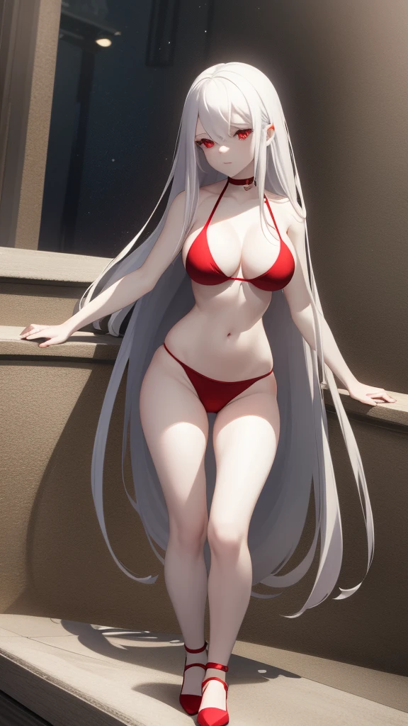 masterpiece, {{{{Highest quality}}}}, female solo, fullbody, fullbody female solo, long white hair, pale skin, red eyes, hourglass body, big  , vampire, bikini, at the pool